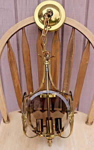 MCM GLASS CHANDELIER Brass Hanging lLght 4 Panes Smoked Beveled Lens - Picture 1 of 15