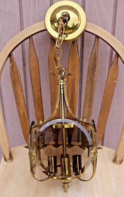 Vintage MCM Brass Smoked Glass Panel Chandelier Hanging Light - Image 1 of 4