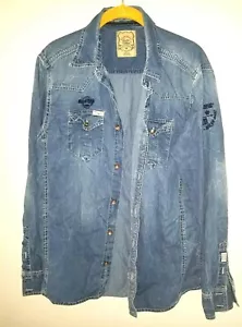Womens M Hard Rock Guitar Company Long Sleeve Denim Shirt Rocker Vintage Wash - Picture 1 of 7