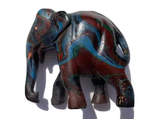 Vtg Rose Wood Hand Carved Ugly Elephant Multi Color Trunk Down Tusks - Picture 1 of 12