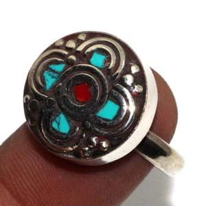 11gms Tibetan Turquoise Red Coral Nepali Tribal Handmade Ring US 8.5 AU W550 - Picture 1 of 3