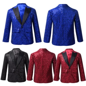 Kids Stylish Shiny Sequins Lapel One Button Suit Blazer Tuxedo Jacket Coat - Picture 1 of 22