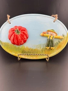 Handmade Ceramic Plaque Pumpkin Scarecrow 3D Fall Hanging Rope - Picture 1 of 6