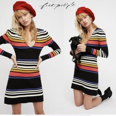 Mini Vestido Free People Gidget Suéter Rayas Manga Larga Cuello en V Talla XS NUEVO CON ETIQUETAS Foto 1 de 4