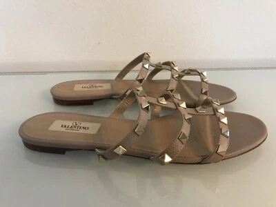 $890+ VALENTINO Rockstud Slide Sandalia Zapato Poudre Biege Cuero 38 EU Foto 1 de 4