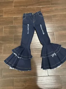 Girls Western Flare Jeans Size 10-12 Distressed Dark Wash - Picture 1 of 7