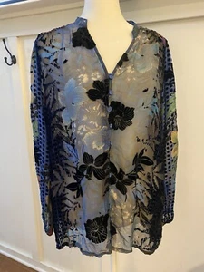 JOHNNY WAS Size S Small Lanai Burnout Velvet Lydia Blouse Blue Floral - Picture 1 of 8