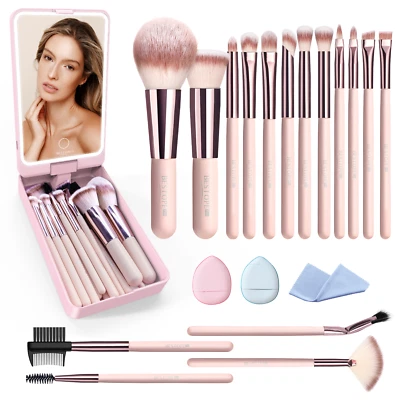 BESTOPE PRO 16 piezas mini brochas de maquillaje mango redondo con espejo 2 bocanadas de polvo Foto 1 de 4