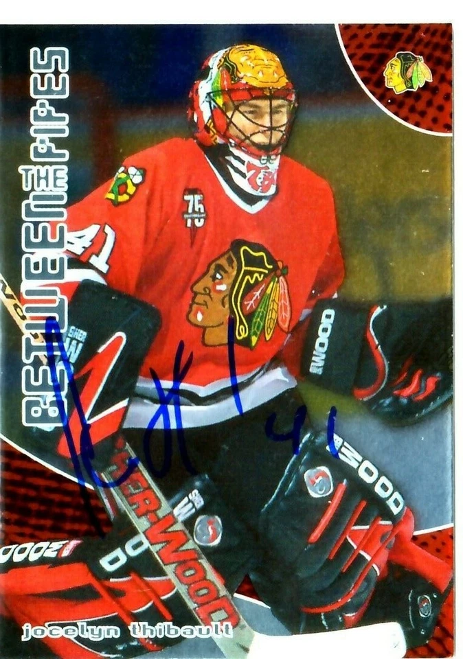Tarjeta autografiada por JOCELYN THIBAULT '01/02 CHICAGO BLACKHAWKS "Between the Pipes" Foto 1 de 1