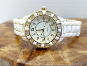 EUC ADRIENNE Ivory Ceramic Crystal Accents Women's Dress Watch - New Battery - Picture 1 of 21