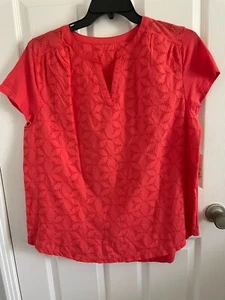 St. John's Bay Women's Embroidered Short Sleeve Coral Cotton Pullover Top OX NWT - Picture 1 of 9