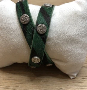 Rustic Cuff Meagan Double Wrap Green Animal Print Cowhide Leather Silver Buckle - Picture 1 of 6