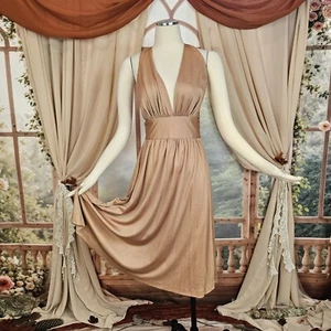 Vestido Vintage Años 70 Cuello en V Profundo Sin Mangas Cinturón Corbata Cobre Bronce Tela - Imagen 1 de 12