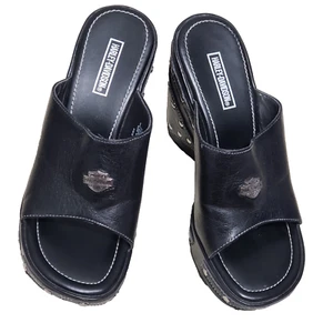 Harley Davidson schwarze Slipper Nieten Logo Plateau Keilabsatz hinten offen Schuhe 6M - Bild 1 von 12