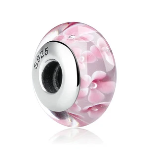 Solid 925 Sterling Silver Pink Flowers Murano Glass Charm Bead Fit Bracelets - Picture 1 of 5