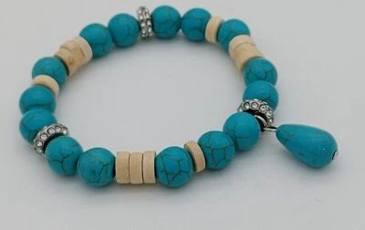 Dyed Turquoise Colored Magnesite Wood Stretch Rhinestone Teardrop Bracelet 1423 - Image 1 of 4