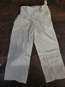 Misslook Wide Leg Casual cotton/Linen Ivory Pants SZ L Band waist w/tie W30/L28 - Picture 1 of 3