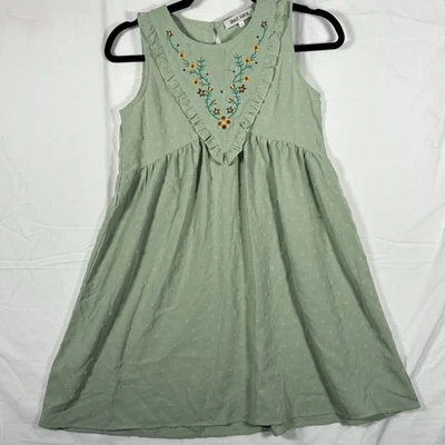 Vestido para niña floral bordado verde sin mangas con detalles plisados con volantes talla 12Y Foto 1 de 4