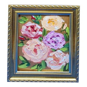 Arte de pared con marco dorado pintura al óleo original 3D flores rosas hecho a mano ÚNICO EN SU CLASE - Imagen 1 de 23