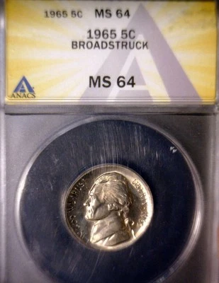 1965 ERROR ANACS MS64 BROAD STRUCK Jefferson Nickel CH BU + B. Strike Coin NR - Image 1 of 4