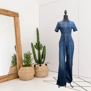 Suki So Women’s S Short Sleeve Zip Front Flare Leg Denim Jumpsuit NO BELT - Picture 1 of 12