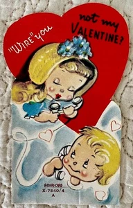 Vintage Valentinstag Junge Mädchen Telefon Telefon Kabel keine Grußkarte 40er 50er Jahre - Bild 1 von 2