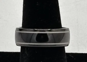 Anello Uomo Carburo di Tungsteno 8mm Smalto Nero Misura 10 Lucido Doppia Striscia NUOVO - Foto 1 di 4