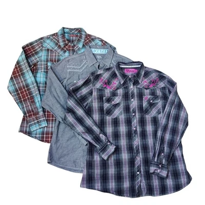 Lote de 3 Camisas Western Pearl Botón a Presión Manga Larga XL Estrás Bordadas Foto 1 de 4