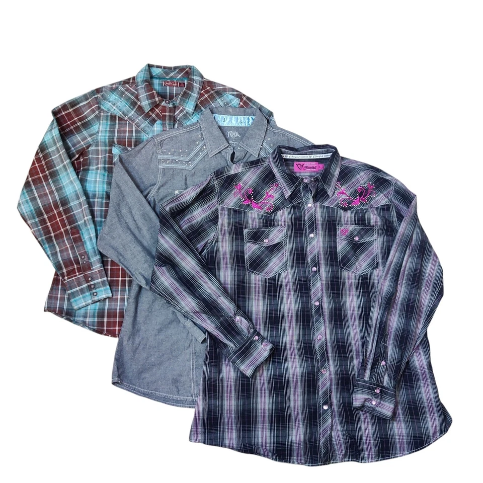 Lote de 3 Camisas Western Pearl Botón a Presión Manga Larga XL Estrás Bordadas Foto 1 de 4