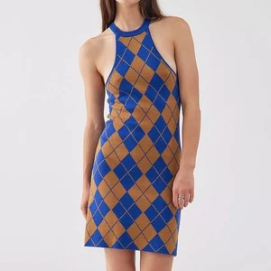 Urban Outfitters Charlie Argyle Strick-Minikleid Größe Medium blau hellbraun Neckholder neu mit Etikett - Bild 1 von 15