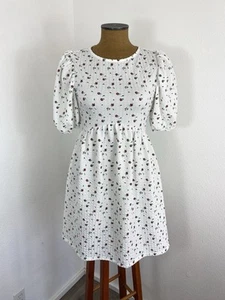 TopShop Women’s Red Floral On White Mini Puff Sleeve Dress 6 Crepe Stretch Knit - Picture 1 of 14