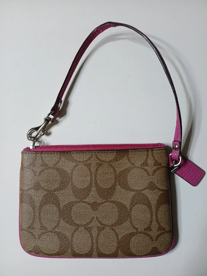 Coach Peyton Signature Small Wristlet In Khaki Print W/Fucshia Leather Trim . - Image 1 of 4