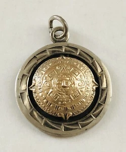 Signed PLAFINA Mexico 10K Gold & Sterling Silver 925 Aztec Calendar Pendant - Picture 1 of 10