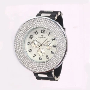 Huge Silver Tone 5 Row CZ Bezel Men's Bullet Silicone Band Wrist Watch - Picture 1 of 10