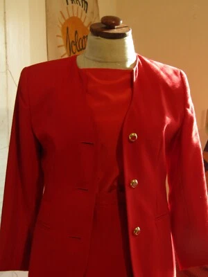 ☆ TRAJE VINTAGE ☆ Rojo Negocios 3 piezas Traje Falda Años 90 Pequeña Sofisticada Foto 1 de 4