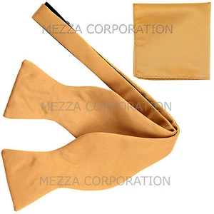 New in box men's self tied bowtie set solid 100% polyester formal wedding gold - Picture 1 of 4