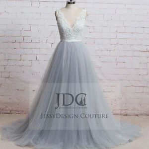 Farbig Blau Ivory Spitze Brautkleid Wedding Dress m.Ärmel Perlen Knöpfe Schleife - Bild 1 von 8