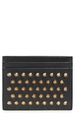 Christian Louboutin Kios Spiked Calfskin Leather Card Case Black Gold Men NEW - Image 1 of 2