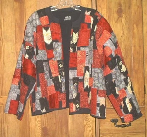 FRUIT OF THE LOOM Women's XL Quilt Patchwork Open Front Jacket Red Black Gray - Picture 1 of 9