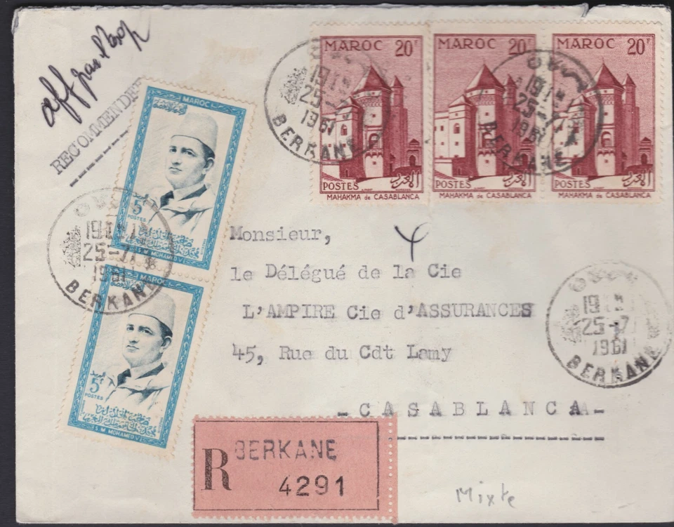 1961 Morocco / Maroc Multi-Stamp Berkane Registered Postal Cover to Casablance  - Image 1 of 1