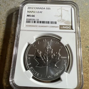 2012 Canada $5 Maple Leaf 1 oz .9999 Silver NGC MS66 Brown Label K-745 - Picture 1 of 2