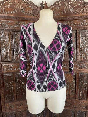 Cárdigan Suéter Tory Burch Dabney 100% Lana Estampado Ikat Negro Púrpura Talla Pequeña Foto 1 de 4