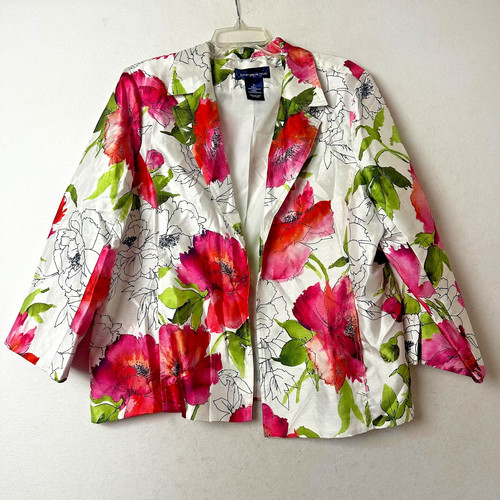 VETEMENTS Blazer Susan Graver Style taglia XL floreale giacca aperta rosa bianco carriera ufficio