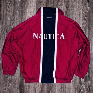 Nautica Reversible Spellout Windbreaker Jacket Mens M Racing Stripes W/Hood - Picture 1 of 12