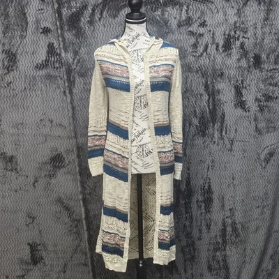 Кардиган женский с капюшоном Charlotte Russe M в полоску вязаный крючком пляжный Coastal Duster - Изображение 1 из 4