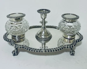 Antique Victorian Solid Sterling Silver Desk Stand Desktop Inkwells Candle 1897 - Picture 1 of 20
