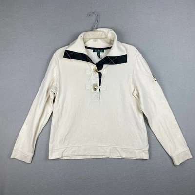 Suéter Lauren Ralph Lauren LRL Cuello Chal Algodón Mujer Parche Grande Beige Foto 1 de 4