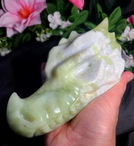 X LARGE 6" 1,012g 2.4lb Green Jade Dragon Head Skull Crystal Stone Carving - Imagen 1 de 12