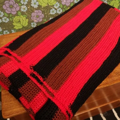 Bright Red Black Brown Stripy Knitted Double Bedspread Blanket - Image 1 of 4