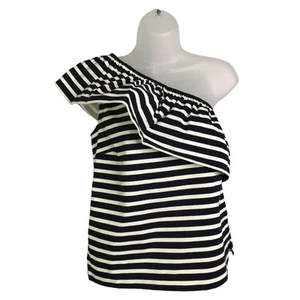 J.Crew One Shoulder Asymetric Top Wmns Size XS Navy Blue Stripe Ruffle Classic - Picture 1 of 9